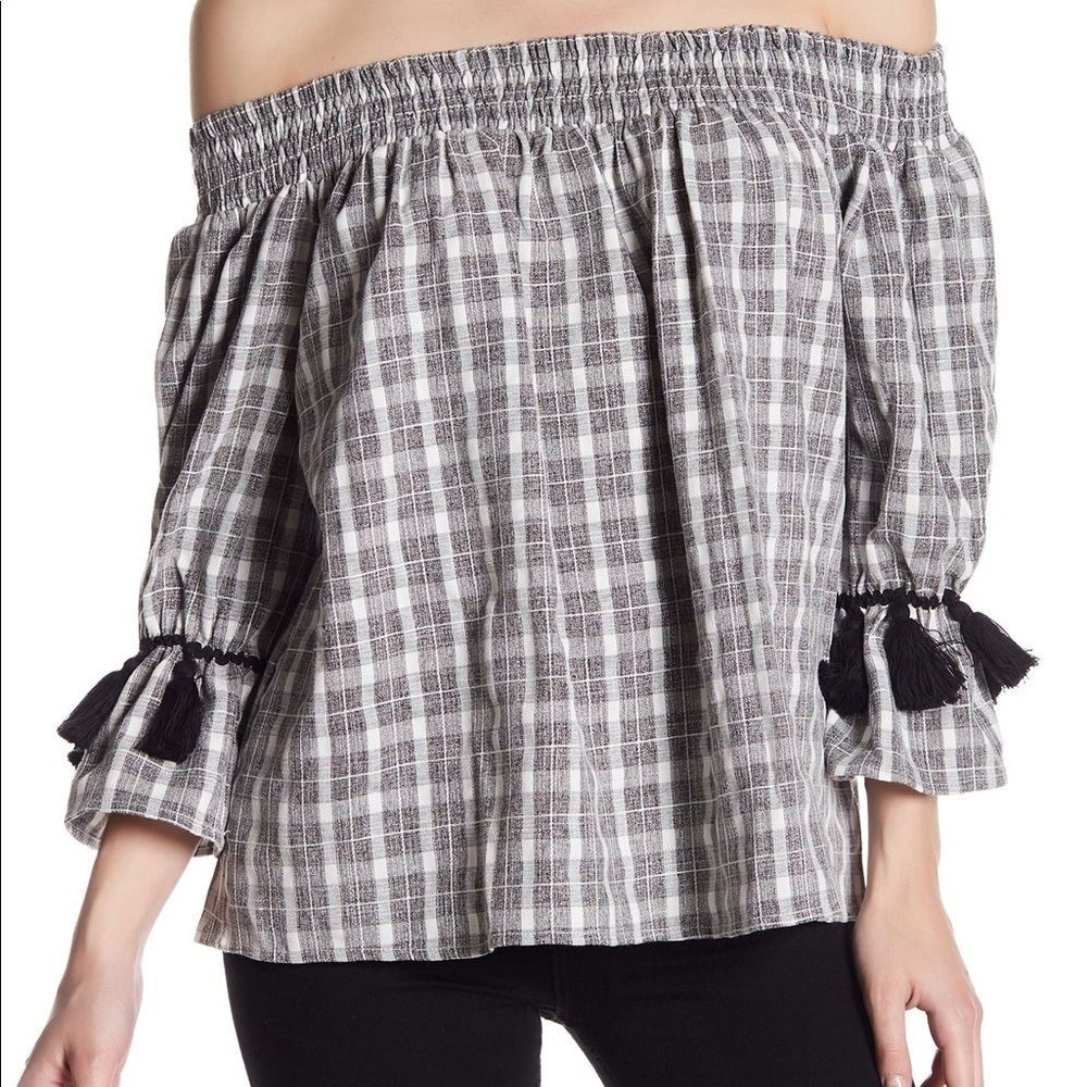 3/$20 Very J Gingham Tassel Off Shoulder Blouse